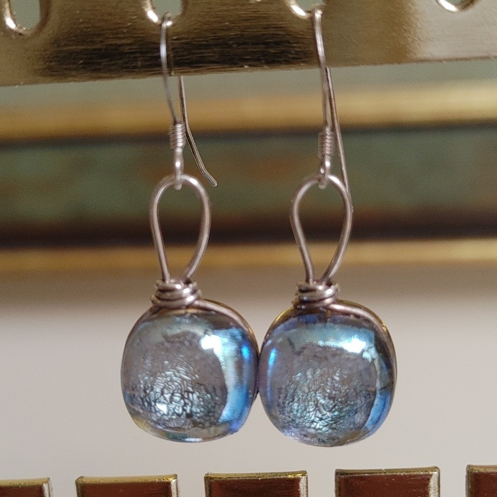 Round Dichroic Glass Sterling Wrapped Earrings - Picture 4 of 16